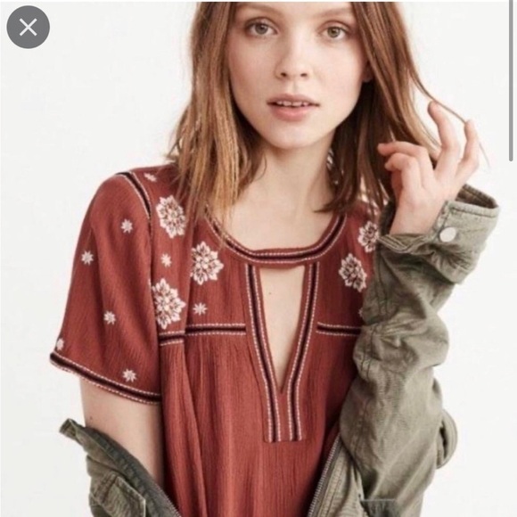 Abercrombie & Fitch | Embroidered Floral Boho Swing dress in Rust, Size M - Picture 15 of 16